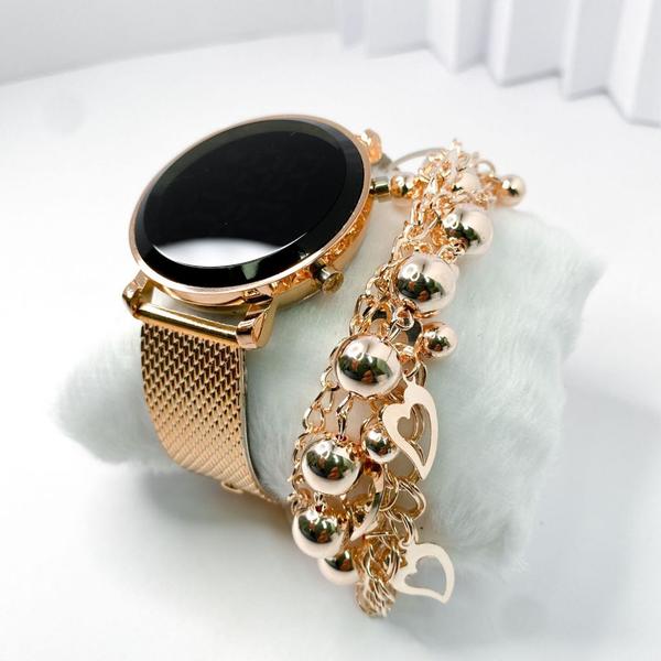Imagem de Kit caixa relógio rose gold metal led digital redondo e pulseira feminina