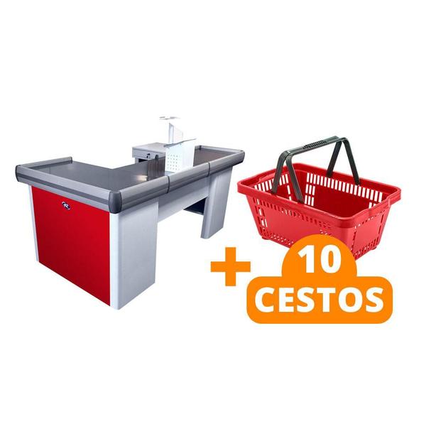 Imagem de KIT - Caixa Supermercado Empacotador Check-out 2m Recorte + 10 Cestos de Compras Vermelho