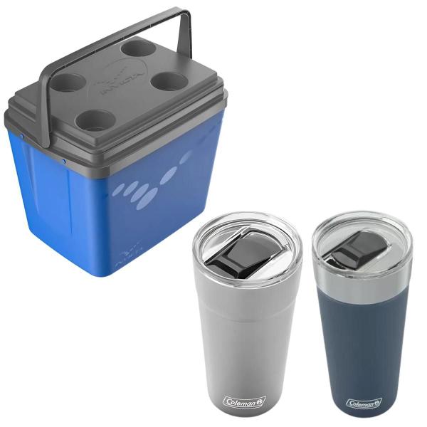 Imagem de Kit Caixa Termica 32qt 34L Pop Azul Invicta E Copos Térmicos Com Tampa E Abridor 600ml Azul E Inox Coleman