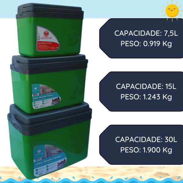 Imagem de Kit Caixa térmica Cooler 7,5L + 15L + 30L Alça Tampa bandeja FloripaUnitermi Cerveja Praia Churrasco