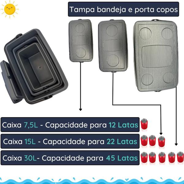 Imagem de Kit Caixa térmica Cooler 7,5L + 15L + 30L Alça Tampa bandeja FloripaUnitermi Cerveja Praia Churrasco