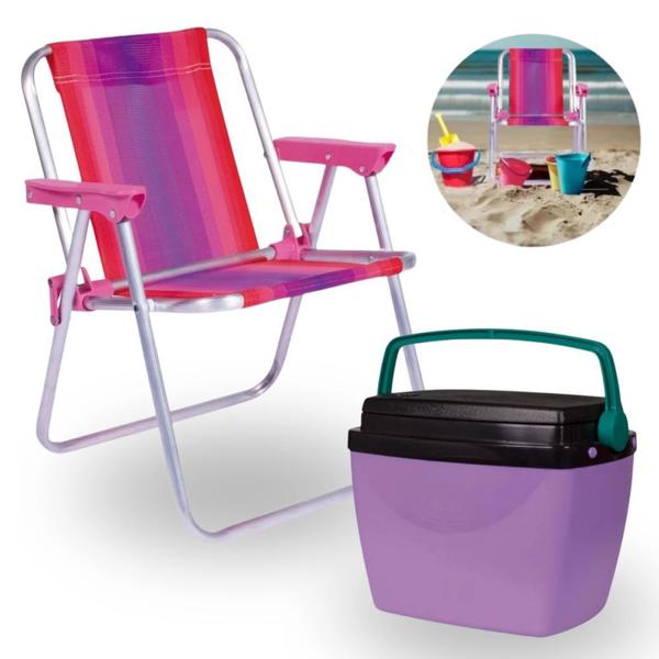 Imagem de Kit Caixa Termica Pequena Cooler 6 L Roxo / Lilas + Cadeira Rosa Infantil Parques  Mor 