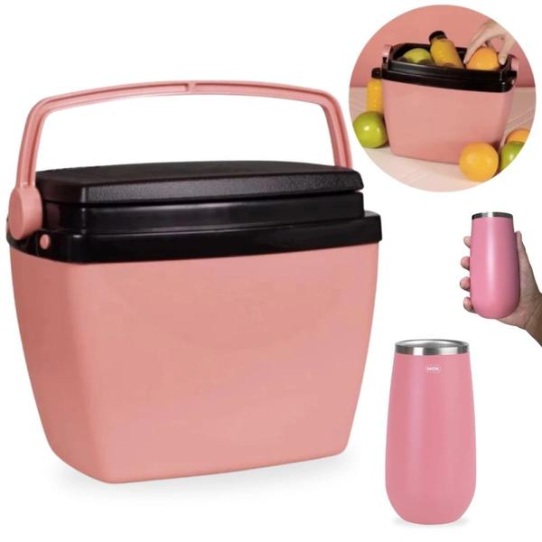 Imagem de Kit Caixa Termica Rosa Pequena 6 Litros + Copo Termico Rose 165 Ml para Champagne Drink em Aco Inox  Mor 