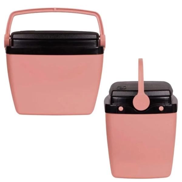 Imagem de Kit Caixa Termica Rosa Pessego Cooler 6 L / 8 Latas + Banqueta Dobravel Camping / Pesca