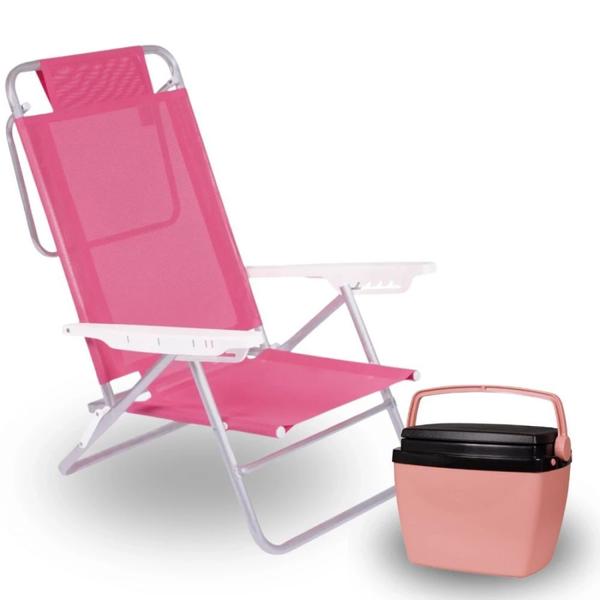 Imagem de Kit Caixa Termica Rosa Pessego Cooler 6 L / 8 Latas + Cadeira de Praia 6 Posicoes Rosa  Mor 