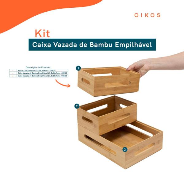 Imagem de Kit caixas organizadoras bambu empilháveis vazada 3 pç-Oikos