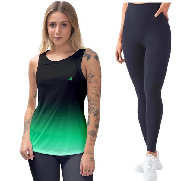 Imagem de Kit Calça Legging Feminina Camisa Regata Cós Alto Proteção UV50