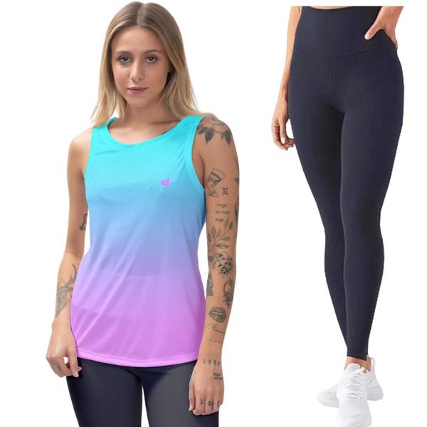 Imagem de Kit Calça Legging Feminina Camisa Regata Levanta Bumbum Proteção UV50