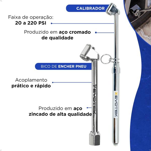 Imagem de Kit Calibrador de Pneu 150PSI E Bico Encher Pneu com Pino de Engate