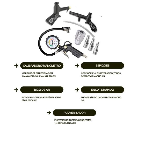 Imagem de Kit Calibrador Inflador Pneu Bico Passar Ar Engate Rápido