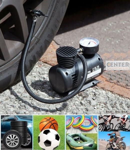 Imagem de Kit Calibrador manômetro mini compressor ar bomba elétrica enche pneu carro bike moto bola inflável