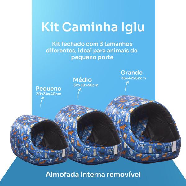 Imagem de Kit Cama Caminha Toca Iglu Pet Para Cachorro Gato Nylon Azul