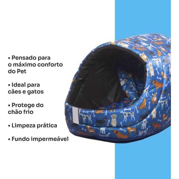 Imagem de Kit Cama Caminha Toca Iglu Pet Para Cachorro Gato Nylon Azul