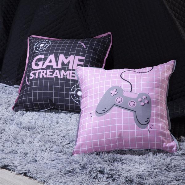 Imagem de Kit Cama Colcha Infantil Cobre Leito Game Streamer Rosê Dupla Face c/ Almofadas Solteiro 05 Peças - Gamer Menina Quarto