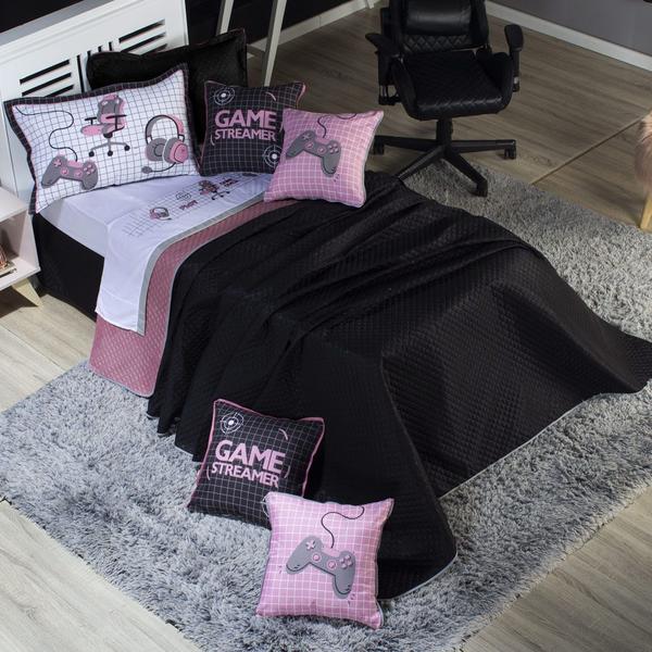 Imagem de Kit Cama Colcha Infantil Cobre Leito Game Streamer Rosê Dupla Face c/ Almofadas Solteiro 05 Peças - Gamer Menina Quarto