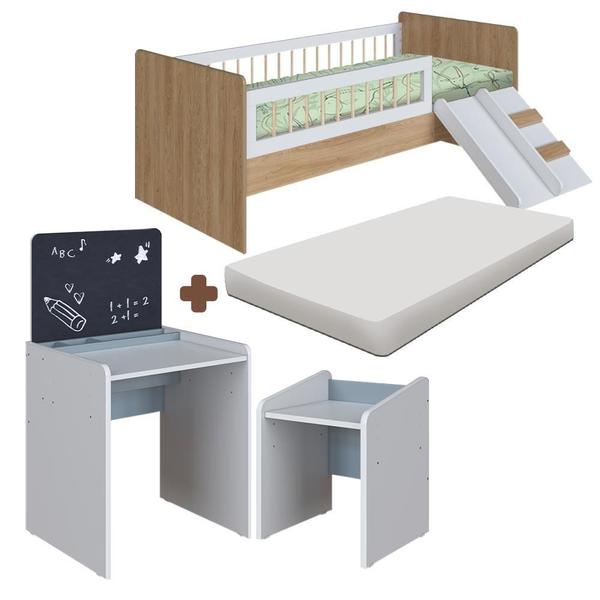 Imagem de Kit Cama Montessoriana E Colchão Com Mesa Com Quadro E Banqueta Infantil Aveiro Oak Branco Azul Spencer Shop Jm