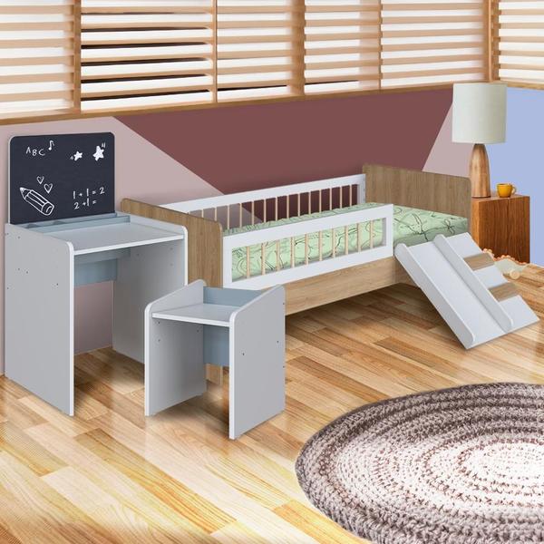 Imagem de Kit Cama Montessoriana E Colchão Ortobom Com Mesa Com Quadro E Banqueta Infantil Aveiro Oak Branco Azul Spencer Shop Jm