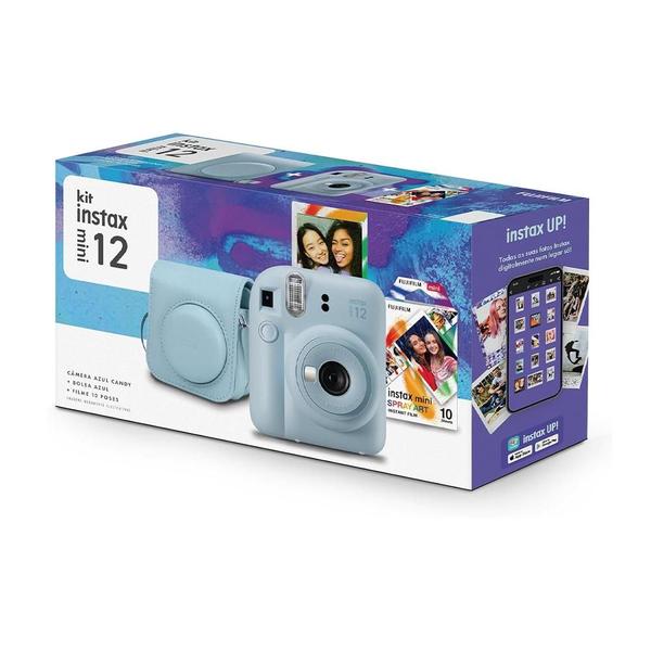 Imagem de Kit Câmera Instantânea Fujifilm Instax Mini 12 Azul + Pack 10 filmes Spray Art + Bolsa Azul Candy