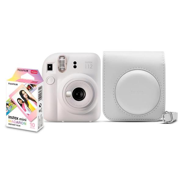 Imagem de Kit Câmera Instantânea Fujifilm Instax Mini 12 Branca + Pack 10 filmes Macaron + Bolsa Branco Marfim