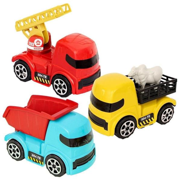 Kit Caminhão Brinquedo Bombeiro Basculante Boiadeiro 3 Peças - Zucatoys Imagem de Kit Caminhão Brinquedo Bombeiro Basculante Boiadeiro 3 Peças