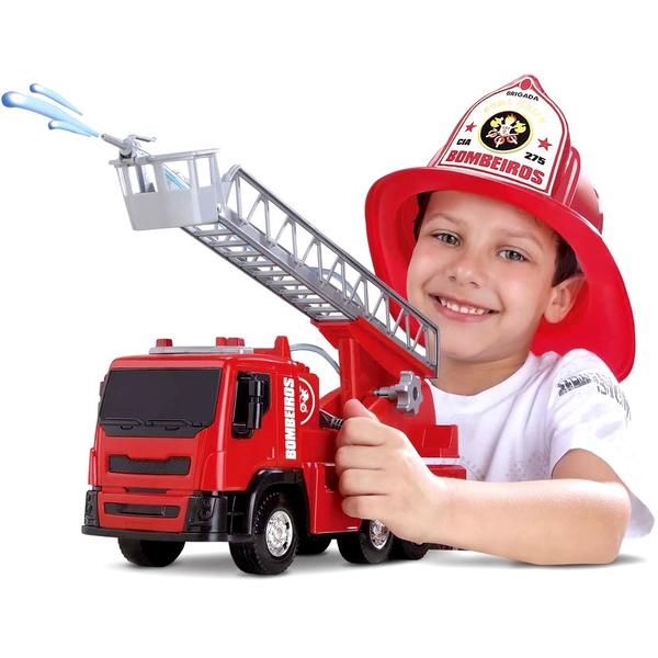 Imagem de Kit Caminhão de Brinquedo Bombeiros Escada Agua e Capacete