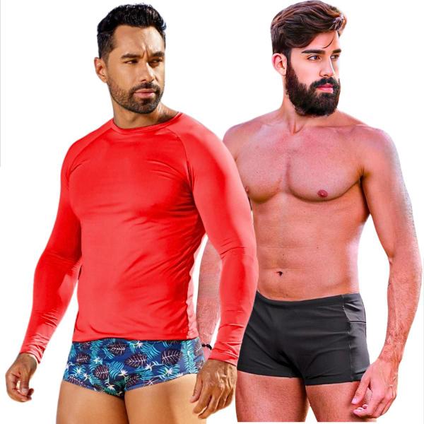 Imagem de Kit Camisa Térmica Com Sunga Boxer Zíper Lateral e Bolso Proteção Térmica Uv Short Banho Com Ajuste Adulto Masculino Natação Surf Blusa Comprida