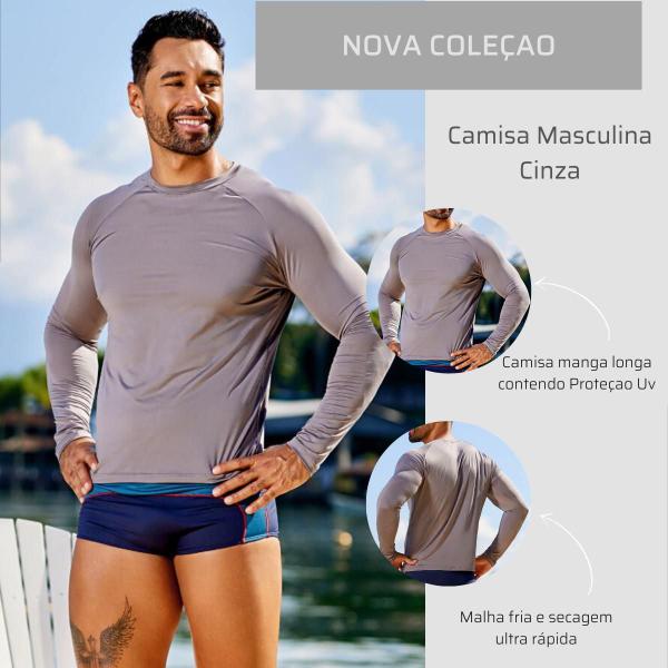 Imagem de Kit Camisa Térmica Com Sunga Boxer Zíper Lateral e Bolso Proteção Térmica Uv Short Banho Com Ajuste Adulto Masculino Natação Surf Blusa Comprida