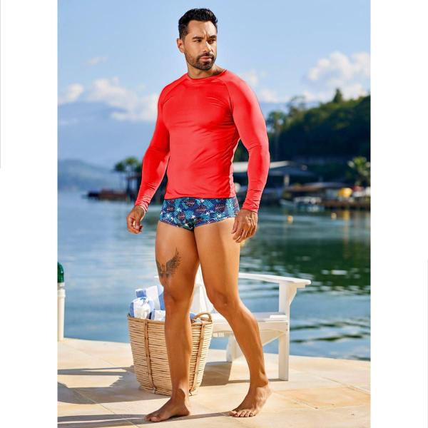 Imagem de Kit Camisa Térmica Com Sunga Boxer Zíper Lateral e Bolso Proteção Térmica Uv Short Banho Com Ajuste Adulto Masculino Natação Surf Blusa Comprida