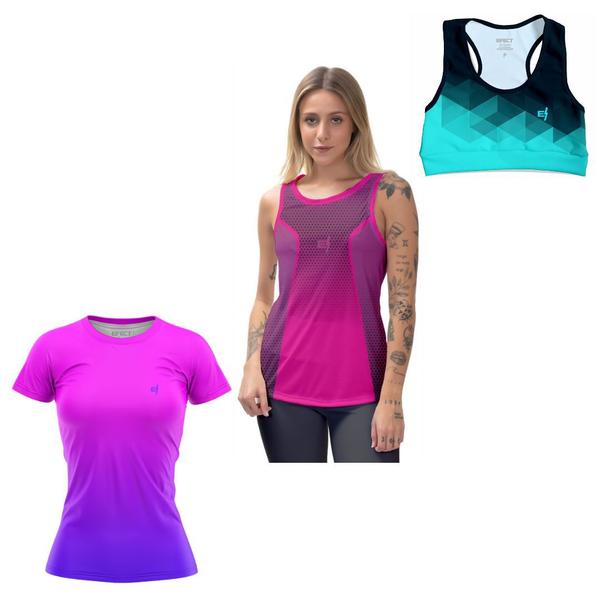 Imagem de Kit Camisas  Academia Feminina Top Cropped Fitness Para Malhar Camiseta Regata Cavada Ginástica UV50