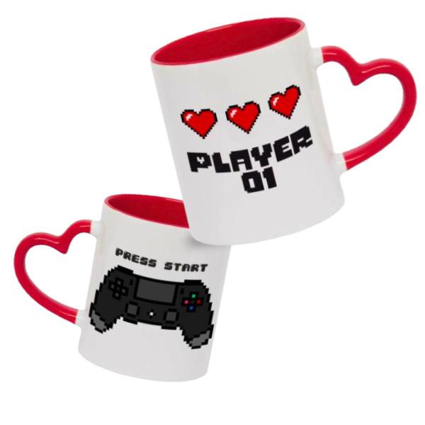 Imagem de Kit Caneca Alça Coração Video Game Player 1 e 2 Casal Gamer