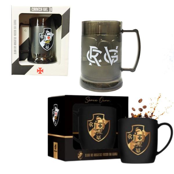 Imagem de Kit Caneca Copo Gel 300ml Isolante Térmico + Caneca Urban Café Vasco Serie Ouro Dourado