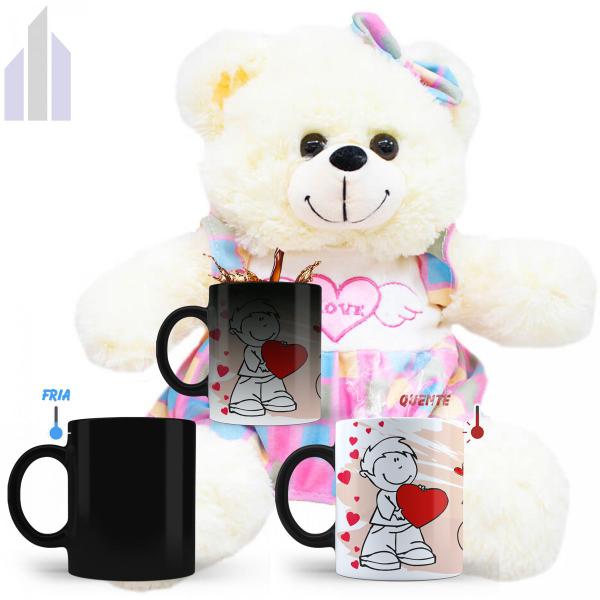Kit Caneca Mágica Urso Pelúcia Presente Dia dos Namorados N3 - Fofy Toys Imagem de Kit Caneca Mágica Urso Pelúcia Presente Dia dos Namorados N3