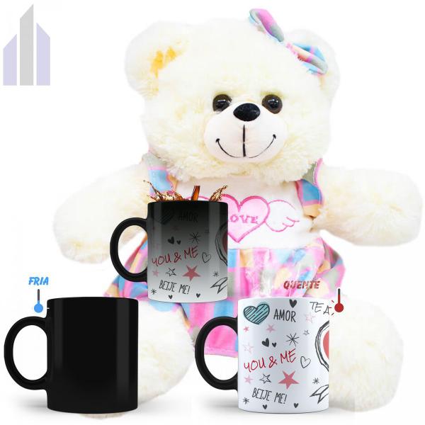 Kit Caneca Mágica Urso Pelúcia Presente Dia dos Namorados N5 - Fofy Toys Imagem de Kit Caneca Mágica Urso Pelúcia Presente Dia dos Namorados N5