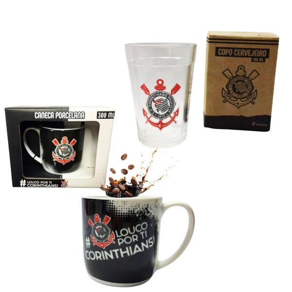 Imagem de Kit Caneca Porcelana Preto Premium 300ml Loucos Por Tí + 1Un Copo Americano Cerveja Corinthians