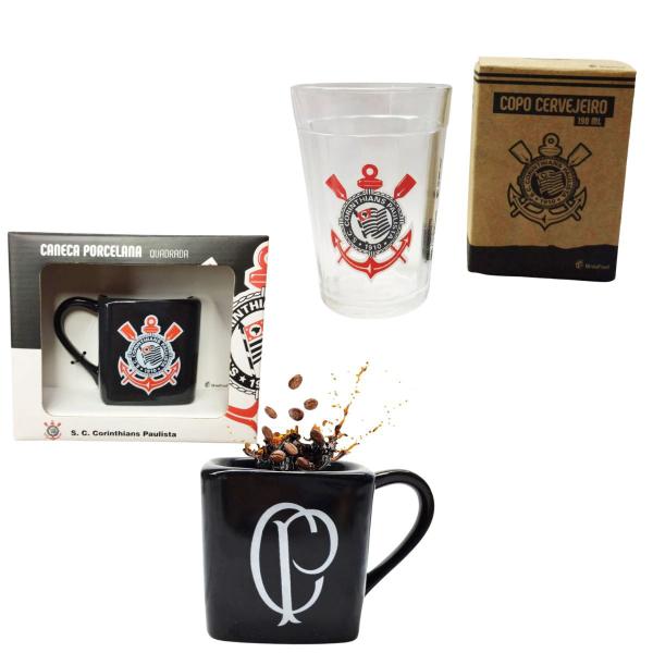 Imagem de Kit Caneca Porcelana Quadrada 220ml Preto + 1Un Copo Americano 190ml Cerveja Corinthians Oficial