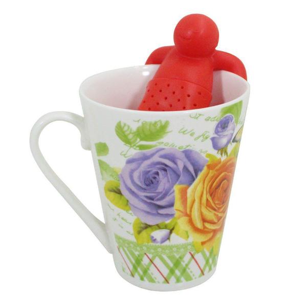 Imagem de Kit Caneca Vintage Floral Estampada Cerâmica 330ml E Boneco Infusor de Chá Silicone