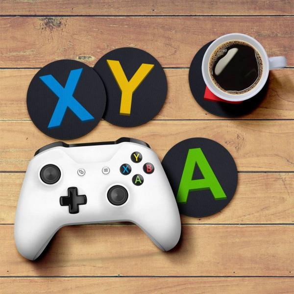 Imagem de Kit Caneca Xícara Porcelana Gamer + Porta Copos Botão XBOX