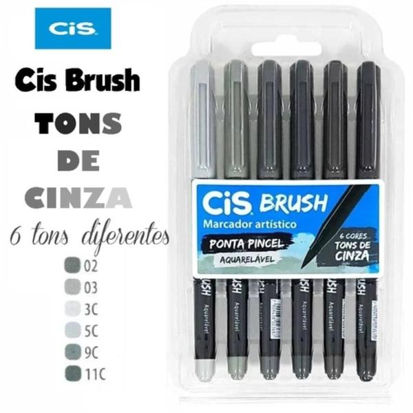 Imagem de Kit Caneta Brush Pen Aquarelável com 6 cores - Tons de Cinza - CIS