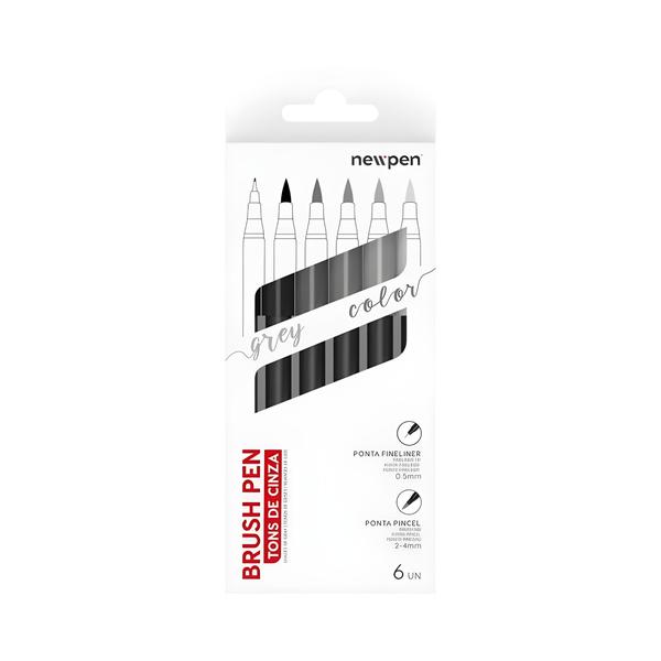 Imagem de Kit Caneta Brush Pen Newpen - Tons de Cinza com 6 Cores 