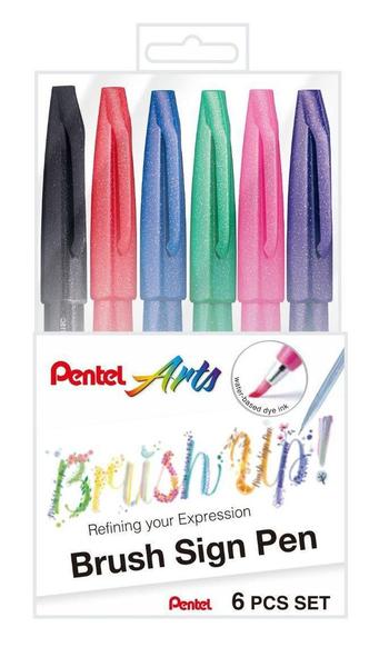 Imagem de Kit Caneta Brush Sign Pen Touch PENTEL c/ 6 Cores Básicas