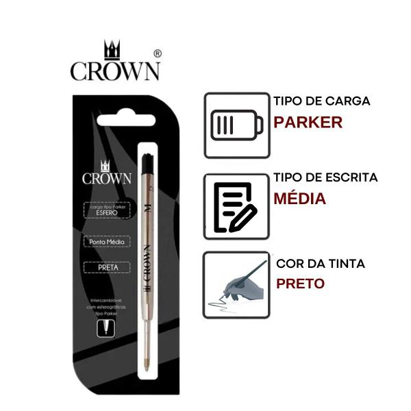 Imagem de Kit Caneta Crown Metal Logus Esferográfica Luxo YW16607- S Prata + 2 Cargas Extra Azul Preta