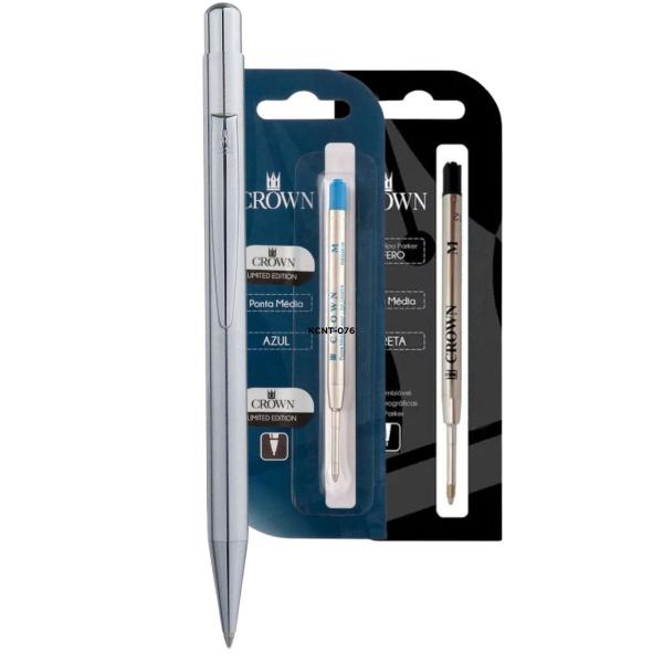 Imagem de Kit Caneta Crown Metal Logus Esferográfica Luxo YW16607- S Prata + 2 Cargas Extra Azul Preta