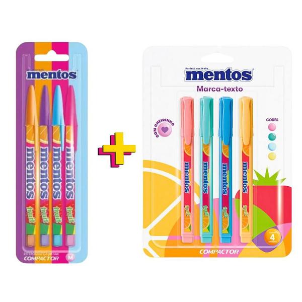 Imagem de Kit Caneta Esferográfica Jet Lux Mentos + Marca Texto Mentos Com Cheirinho Destaq 4 Cores Pastel