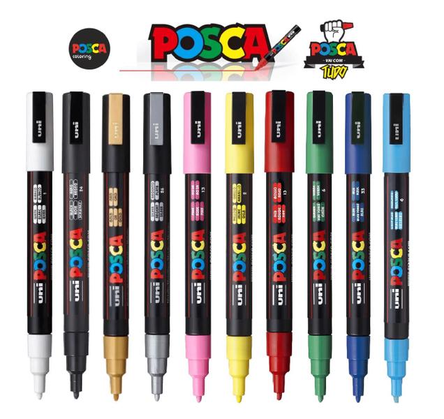 Imagem de Kit Caneta Posca PC-3M Ponta Fina 1.3mm 10 Cores Principais