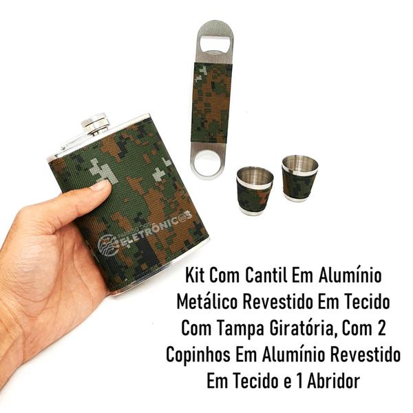 Imagem de Kit Cantil Porta Bebidas Abridor Copos Shot Estampa Exercito  DY8843