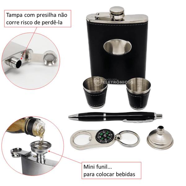 Kit Cantil Porta Bebidas Caneta 2 Copos Shot Chaveiro Bussola Funil Estampado Portátil DY8833 - Dylan Imagem de Kit Cantil Porta Bebidas Caneta 2 Copos Shot Chaveiro Bussola Funil Estampado Portátil DY8833