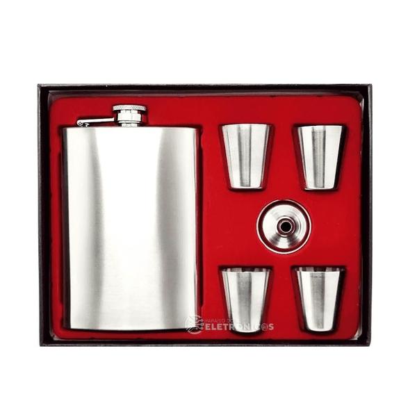 Kit Cantil Porta Bebidas Com Mini Funil, Com 4 Copo Shot Portátil DY8840 - Dylan Imagem de Kit Cantil Porta Bebidas Com Mini Funil, Com 4 Copo Shot Portátil DY8840