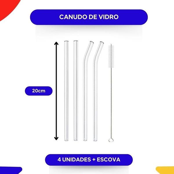 Imagem de Kit Canudos Vidro 10Mm Incolor - 2 Retos + 2 Curvos + Escova