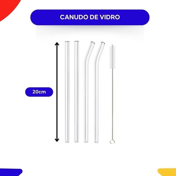 Imagem de Kit Canudos Vidro 10mm Incolor - 4 Retos + 4 Curvos + Escova