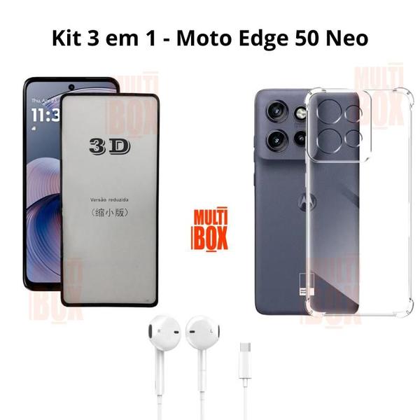 Imagem de Kit Capa Anti Shock + Película 3D de Vidro + Fone com Fio para Motorola Moto Edge 50 Neo 5G